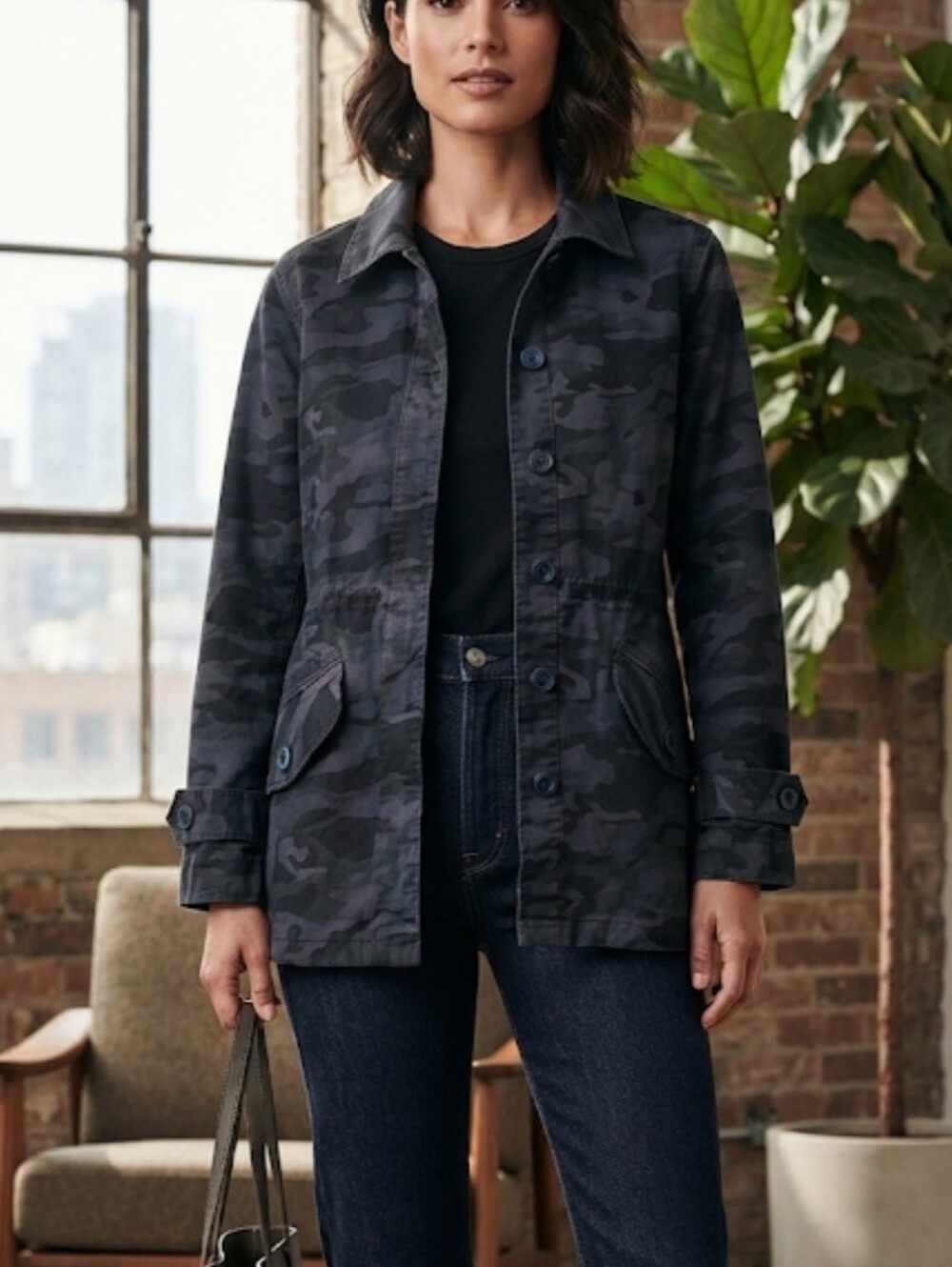 Monrow Womens Blue Camo Jacket Trench Coat sz S